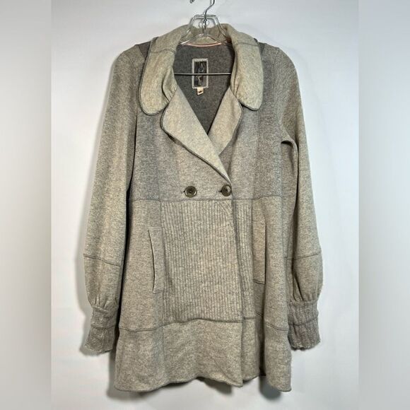 Burning Torch Womens Recycled Cashmere Light Grey Patchwork Collared Cardigan M - Picture 2 of 9